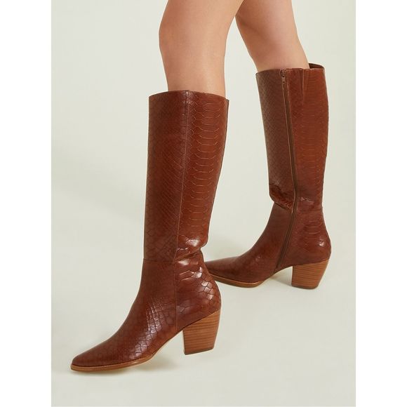 Matisse Block Heel Brown Knee-High Boots Bruna Tobacco Croc Western Boots - Picture 1 of 9